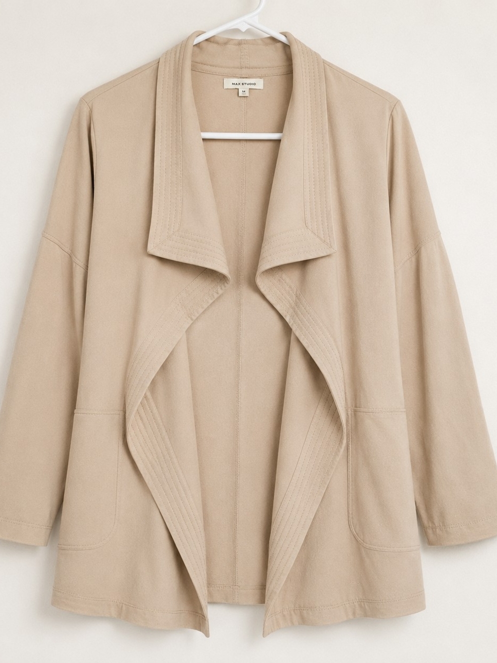 Max Studio Beige Open-Front Draped Cardigan Jacket